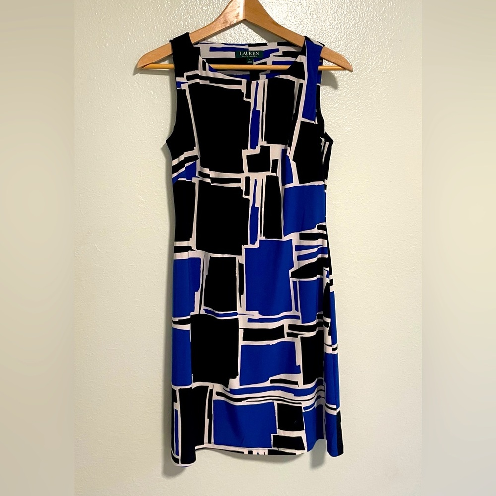 Lauren Ralph Lauren Geometric Dress‎ Sleeveless Crewneck Black & Blue Size 4